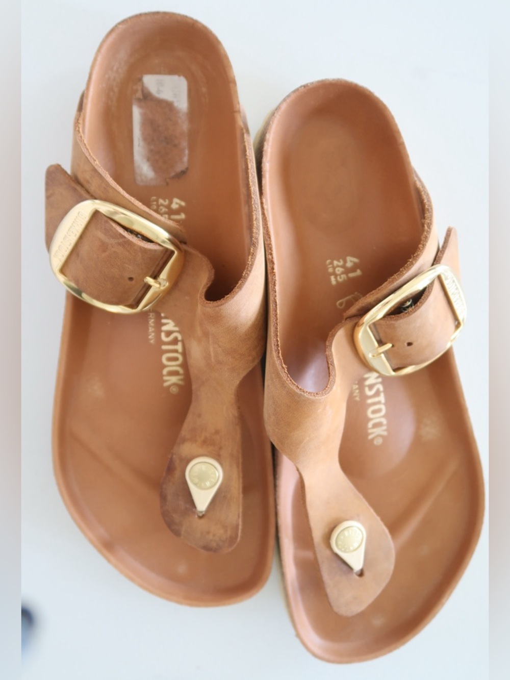 Birkenstock Tan Leather Thong Sandals with Gold Buckles